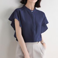ica/アイカ ica ふんわり フリル袖 バンドカラー 半袖 前開き 薄手 シフォンブラウス/507143817