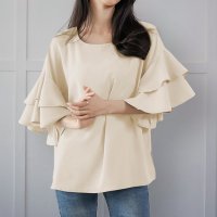 ica/アイカ ica ふんわり 薄手 シフォン フリル袖 五分袖 プルオーバー フリルブラウス/507143822