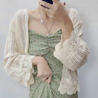 ica/アイカ ica 裾レース 透かし編み 七分袖 ショート丈 ニットカーディガン/507143835