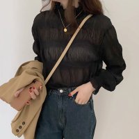 ica/アイカ ica 薄手 涼しい 透け感 くしゅくしゅ シャーリング キャンディ袖 ハイネック シアーブラウス/507143849