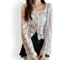 ica/アイカ ica 可愛い 花柄 透かし編み ゆったり ベルスリーブ ショート丈 ニットカーディガン/507143873