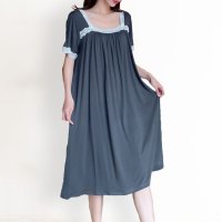 ica/アイカ ica 薄手 涼しい ストレッチ カットソー レーヨン ゆったり ギャザー レース付 半袖 膝下丈 ネグリジェ パジャマ/507143946