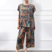 ica/アイカ ica 選べる4柄 薄手 サラリ 涼しい 布帛 プリント レーヨン素材 ゆったり 半袖 Tシャツ ＆ 七分丈 ガウチョパンツ パジャマ 上下セット/507143959