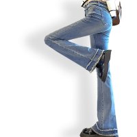 ica/アイカ ica ヴィンテージ ウォッシュ デニム ウエスト＆裾フリンジ フルレングス ストレッチ ハイウエスト ベルボトム スキニーパンツ/507143994
