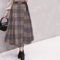 ica/アイカ ica チェック 4柄 暖か厚手ツイード ベルト付き ミモレ丈 ラップスカート風 Aラインスカート/507144041