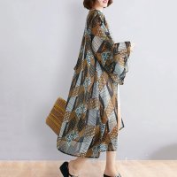 ica/アイカ ica ふんわり 涼しい 薄手 シフォン ゆったり 着物スリーブ 金色糸入り エスニック柄 ロングカーディガン/507144058