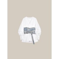 LA POMME petit/ラポミ プチ LA POMME petit Denim Puff Sleeve Shirt デニムベルト付Vネックパールボタンコットンブラウス/507144221