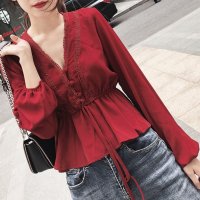 Belle Cie/ベルシー Belle Cie レース配色 ガーリー ペプラム スモック レディース トップス ブラウス フレア フェミニン 韓国ファッション レース使い オフィ/507145861