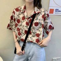 Belle Cie/ベルシー Belle Cie 花柄 シャツ レディース 柄シャツ 半袖 薔薇柄 バラ 半袖シャツ ブラウス サテンシャツ 韓国ファッション 春 夏 トップス 春/507145875