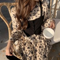 Belle Cie/ベルシー Belle Cie 花柄 ワンピース フェイクレイヤード ロングワンピース ガーリー フェミニン 長袖 大人かわいい ビスチェ 重ね着風 秋冬 春 デ/507145980