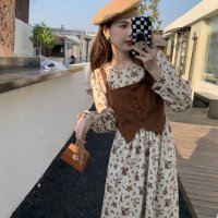 Belle Cie/ベルシー Belle Cie 花柄 ワンピース フェイクレイヤード ロングワンピース ガーリー フェミニン 長袖 大人かわいい ビスチェ 重ね着風 秋冬 春 デ/507145980