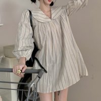 Belle Cie/ベルシー Belle Cie ワンピース スカート ミニ丈 ミニスカ チュニック 長袖 襟付き かわいい ガーリー フェミニン ストライプ ナチュラル フレアワ/507146110