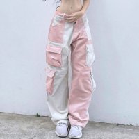 Belle Cie/ベルシー Belle Cie ロングパンツ ワイド ストレート カーゴパンツ レディース 個性的 バイカラー かわいい JK ゆめかわ カジュアル パステル モ/507146117