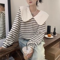 Belle Cie/ベルシー Belle Cie 長袖 トップス ロンT スウェット レディース 韓国ファッション ボーダー ガーリー フェミニン リボン ビッグカラー シンプル /507146173