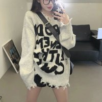 Belle Cie/ベルシー Belle Cie ニット セーター 長袖 ゆったり ロゴ パンク バンド ストリート レディース 韓国ファッション 白 黒 グレー ざっくり 秋冬 /507146182