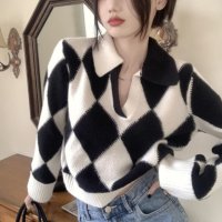 Belle Cie/ベルシー Belle Cie ニット セーター プルオーバー ダイヤ スタンドカラー レディース ギャル 柄 秋冬 韓国ファッション かっこいい モード 長袖 /507146198