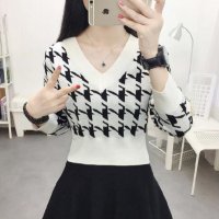 Belle Cie/ベルシー Belle Cie ニット セーター 長袖 ショート丈 Vネック ぴったり レディース 千鳥 総柄 韓国ファッション チドリ 柄 セクシー ギャル き/507146199