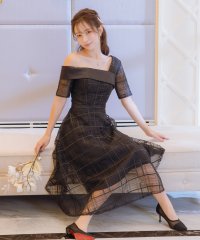 Retica/レティカ Retica シアーチェックサテン切替 フレア ミモレ丈 ワンショルダーハーフスリーブ 結婚式 パーティードレス 大きいサイズ/507151844