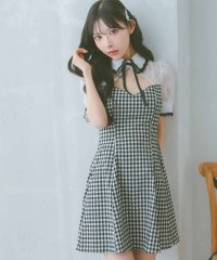 Tika/ティカ Tika 襟付きネックリボンバストカットチェック柄半袖ガーリースタイルフレアミニドレス 韓国 ワンピース/507152229