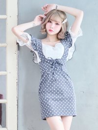 Tika/ティカ Tika オフショルダーレース×ドット柄ショルダーフリルサロペットデザインガーリースタイルタイトミニドレス 韓国 ワンピース/507152230