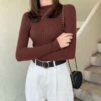 RIFF/リフ Riff ハイネック長袖リブニットトップス リブ編み ボトルネック カットソー Tシャツ プルオーバー トップス 長袖 無地/507152815