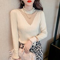 RIFF/リフ Riff フロントデザインリブメロートップス リブ編み ハイネック フリル シースルー カットソー Tシャツ 長袖 無地/507152816