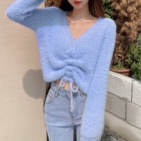 RIFF/リフ Riff フロントシャーリングシャギーニット セーター Vネック トップス プルオーバー 長袖 無地/507152829
