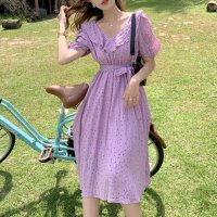 RIFF/リフ Riff ふんわり華やか。ドット柄フリルワンピース 水玉 ロングワンピース Vネック リボン パフスリーブ 半袖 総柄/507152856