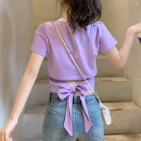 RIFF/リフ Riff バックシャンで旬な装い ウエスト見せバックリボンTシャツ ショート丈 カットソー トップス 半袖 無地/507152858