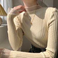 RIFF/リフ Riff 華やぎを与えるチュールデザイン ハイネックリブニット リブ編み フリル 切り替え 異素材 ボトルネック シースルー カットソー プルオーバー T/507152880