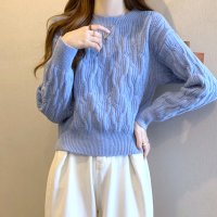RIFF/リフ Riff クルーネックニット ショート丈 ケーブル編み セーター プルオーバー トップス 長袖 無地/507152886