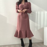 RIFF/リフ Riff マーメイドワンピース 裾フリル ロングワンピース Vネック 長袖 無地/507152889