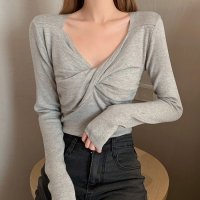 RIFF/リフ Riff デコルテきれい見え フロントツイストVネックトップス カットソー Tシャツ トップス 長袖 無地/507152895