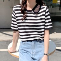 RIFF/リフ Riff ほんのりデコルテ見せ 半袖シアーニットTシャツ ロゴ刺繍 ダメージ カット 穴あき クルーネック プルオーバー ニットソー Tシャツ 半袖 無地/507152904