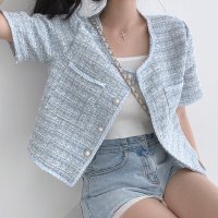 RIFF/リフ Riff クロップド丈がフェミニンさをプラス ジャケット 半袖 サマーツイード ショート丈 クロップド丈 ブルゾン アウター フォーマル 半袖 柄 チェッ/507152910