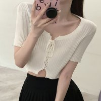 RIFF/リフ Riff スリムなクロップドニット 半袖ニット レースアップ クロップド丈 リブ編み セーター ニット トップス 半袖 無地/507152911