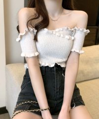 RIFF/リフ Riff クロスデザインがシャープな印象に オフショルダートップス 半袖 ショート丈 クロップド丈 オフショル クロス プルオーバー サマーニット カット/507152924