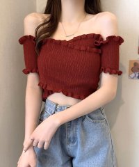 RIFF/リフ Riff クロスデザインがシャープな印象に オフショルダートップス 半袖 ショート丈 クロップド丈 オフショル クロス プルオーバー サマーニット カット/507152924