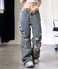 RIFF/リフ Riff ダメージワイドデニム ハイウエスト ワイドパンツ ロングパンツ ジーンズ Gパン デニム ズボン ボトム 無地/507152944