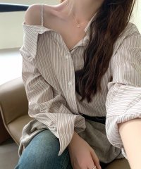 RIFF/リフ Riff ストライプ長袖シャツ オフショルダー ワンショルダー オープンカラー Tシャツ カットソー トップス 長袖 ストライプ柄/507152958