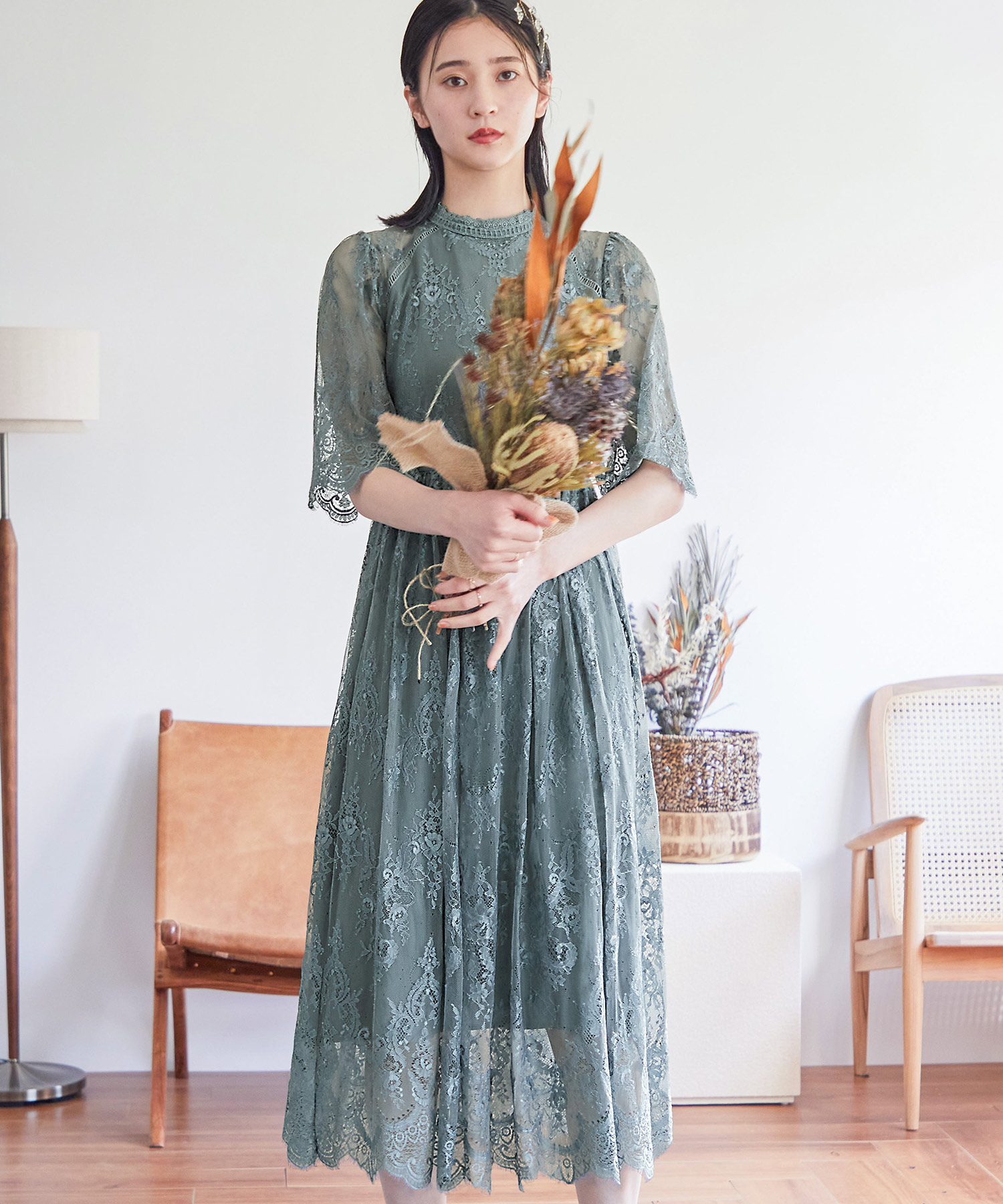 クーポン】ニアナ niana ハイネック 総レース 5分袖 結婚式 クーポン】ニアナ niana ハイネック 総レース 5分袖 結婚式