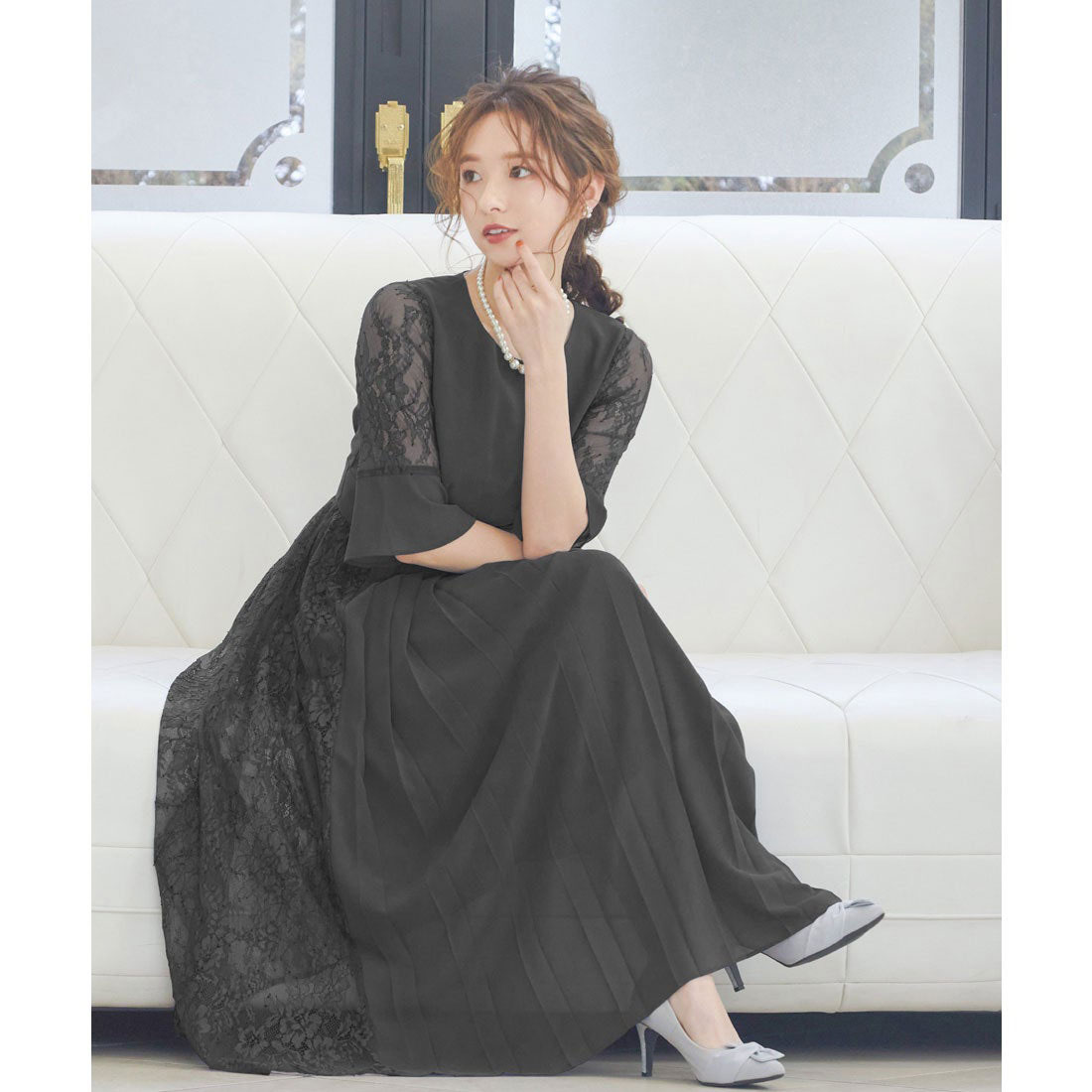 ニアナ niana プリーツ×レース バックリボン 7分袖ドレス