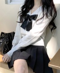 RIFF/リフ Riff リボン付きVネックカーディガン ニットカーディガン パフスリーブ ショート丈 クロップド丈 セーター ニット トップス 長袖 無地/507015755