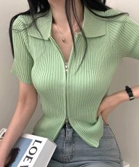 RIFF/リフ Riff ダブルジップリブニット カーディガン 襟付き カラーネック ショート丈 クロップド丈 プルオーバー カットソー トップス 半袖 無地/507045898