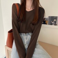 RIFF/リフ Riff Vネック長袖ニットトップス 切りっぱなし カットオフ カットソー Tシャツ プルオーバー トップス 長袖 無地/507152805