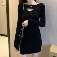 RIFF/リフ Riff 胸元のカッティングデザインがポイント ニットワンピース リブニット リブ編み 胸あき 胸開き セーター ショート丈 ミニワンピース タイトワンピ/507152871