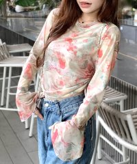 RIFF/リフ Riff タイダイシアートップス シャーリング キャンディスリーブ フリル Tシャツ カットソー プルオーバー トップス 長袖 マーブル柄/507152949