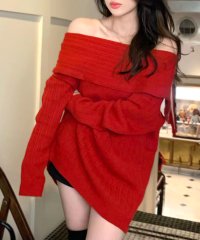 RIFF/リフ Riff オフショルニットトップス オフショルダー オフタートル リブ編み リブニット セーター Tシャツ カットソー プルオーバー トップス 長袖 無地/507152967