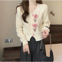 And Kawaii/アンドカワイイ And Kawaii 花刺繍ニットカーディガン 3D フラワーニット 長袖 セーター 韓国風 秋 冬/507200139