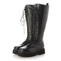 la farfa SHOES/la farfa ラファーファ レディース 厚底編み上げストレッチロングブーツ【幅広4E/筒幅ゆったり/大きいサイズ】 592 ブラック/507490526